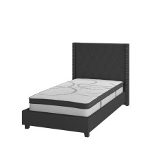 Flash Furniture HG-BM10-37-GG Twin Size Tufted Upholstered Platform Bed, Black Fabric with 10" Pocket Spring Mattress