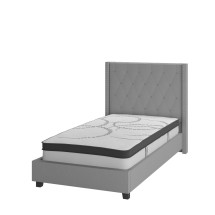 Flash Furniture HG-BM10-41-GG Twin Size Tufted Upholstered Platform Bed, Light Gray Fabric with 10&quot; Pocket Spring Mattress