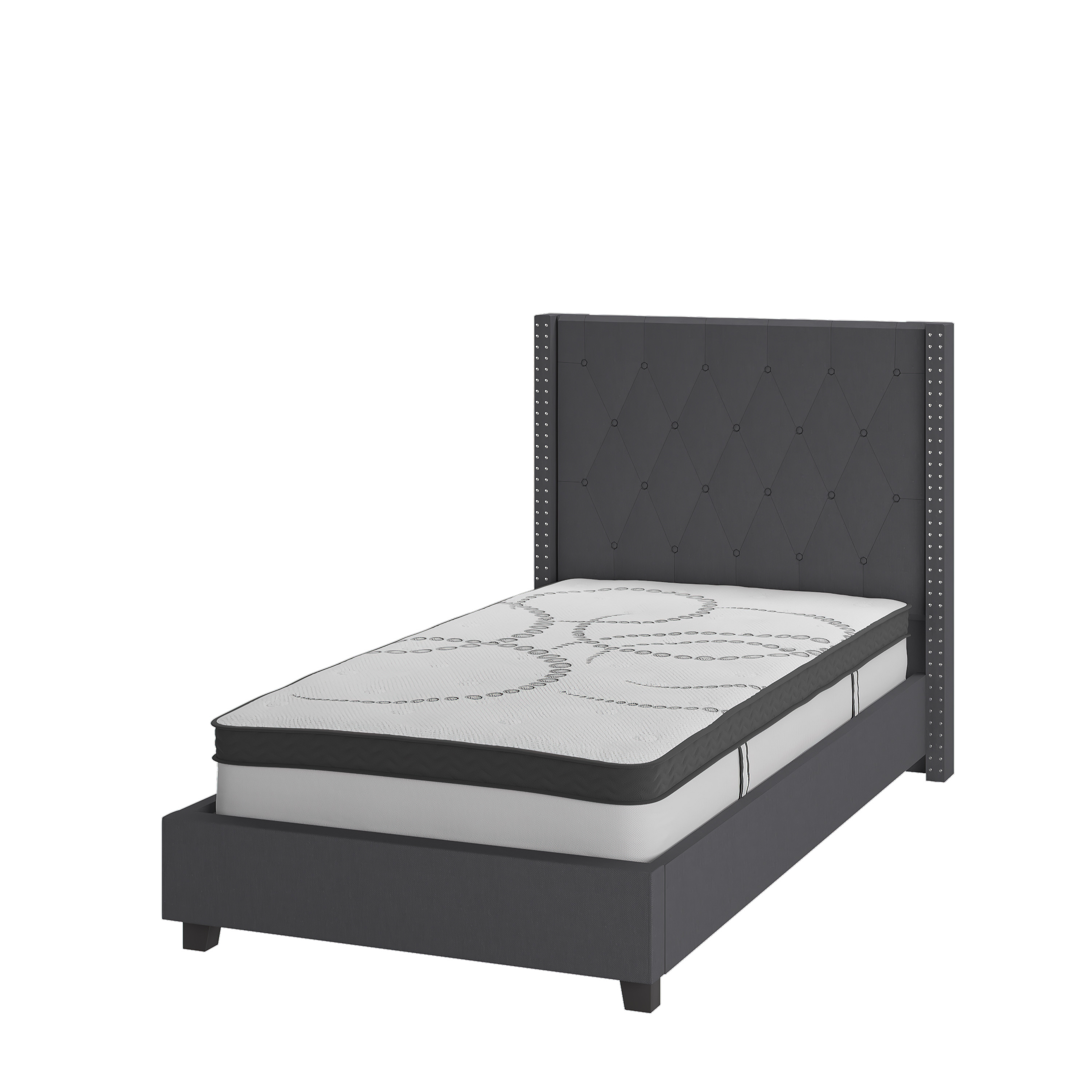 Flash Furniture HG-BM10-45-GG Twin Size Tufted Upholstered Platform Bed, Dark Gray Fabric with 10" Pocket Spring Mattress