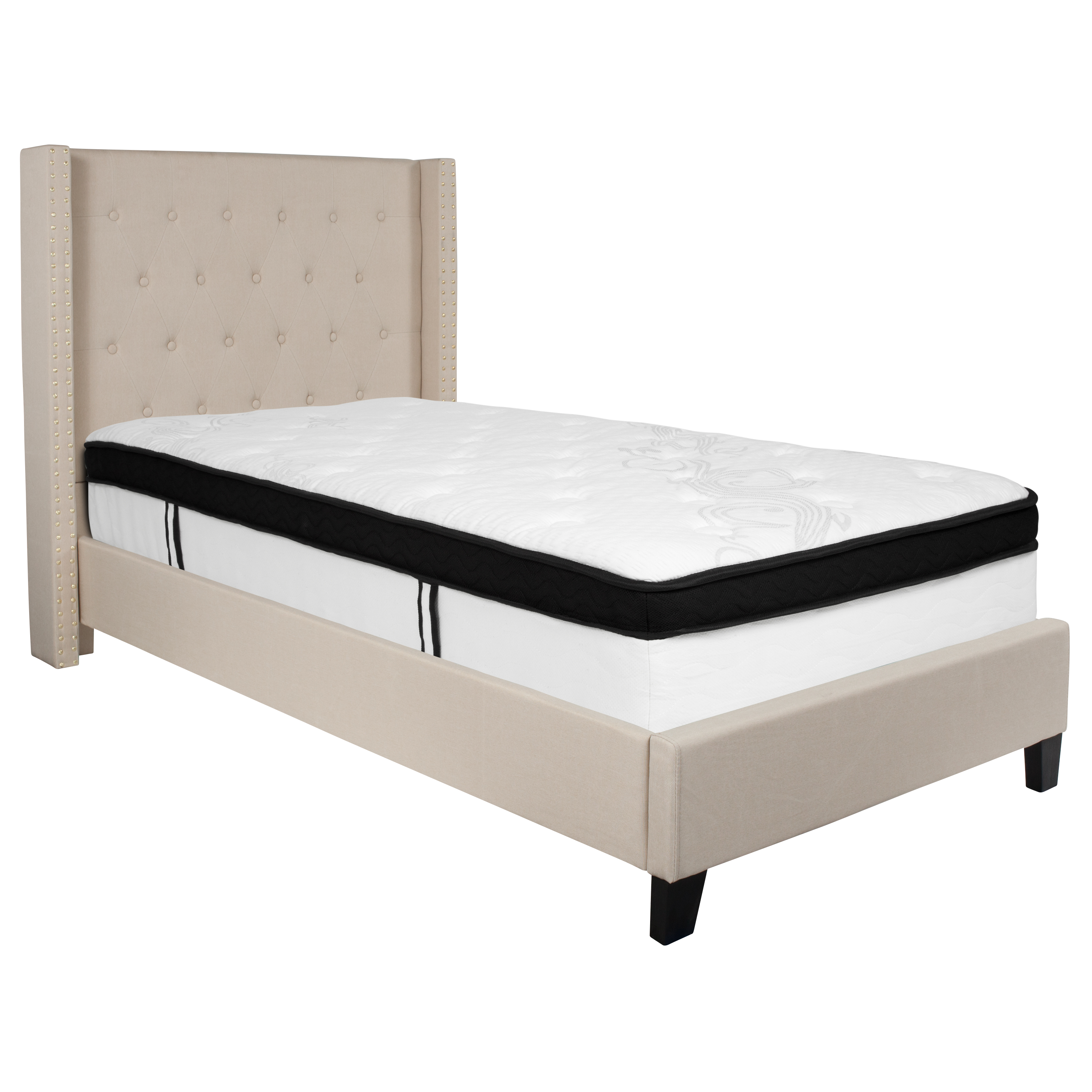 Flash Furniture HG-BMF-33-GG Twin Size Tufted Upholstered Platform Bed, Beige Fabric with Memory Foam Mattress