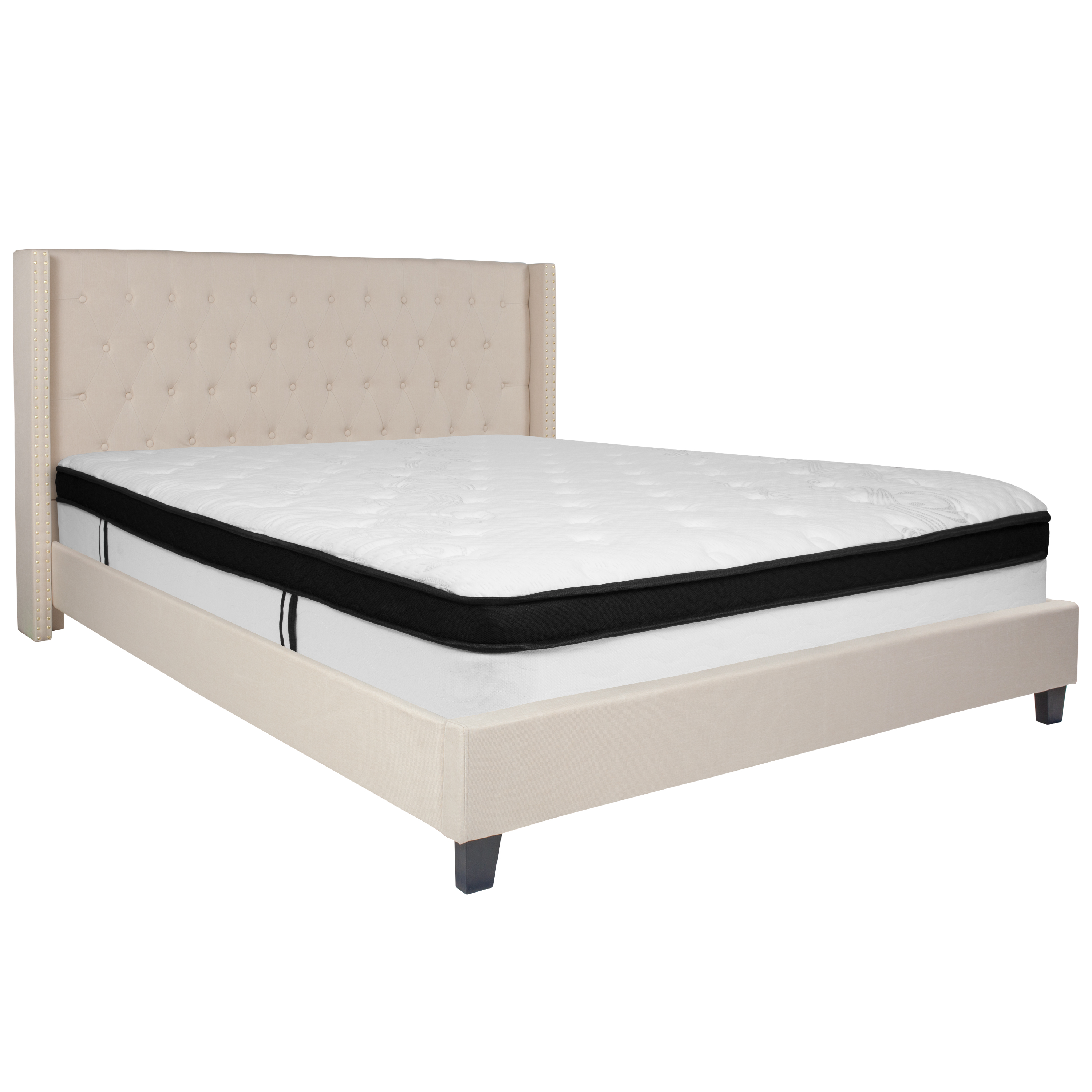 Flash Furniture HG-BMF-36-GG King Size Tufted Upholstered Platform Bed, Beige Fabric with Memory Foam Mattress