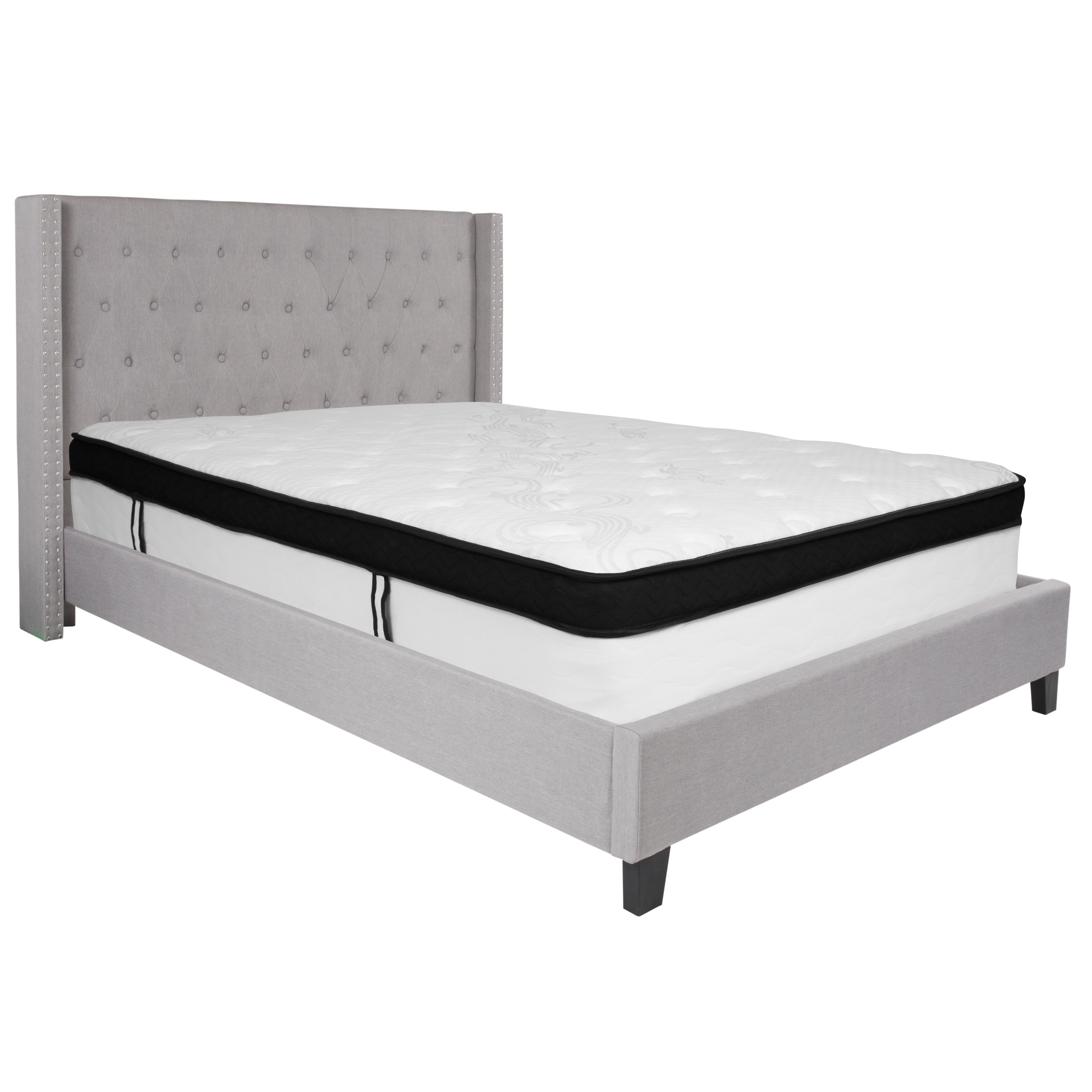 Flash Furniture HG-BMF-43-GG Queen Size Tufted Upholstered Platform Bed, Light Gray Fabric with Memory Foam Mattress