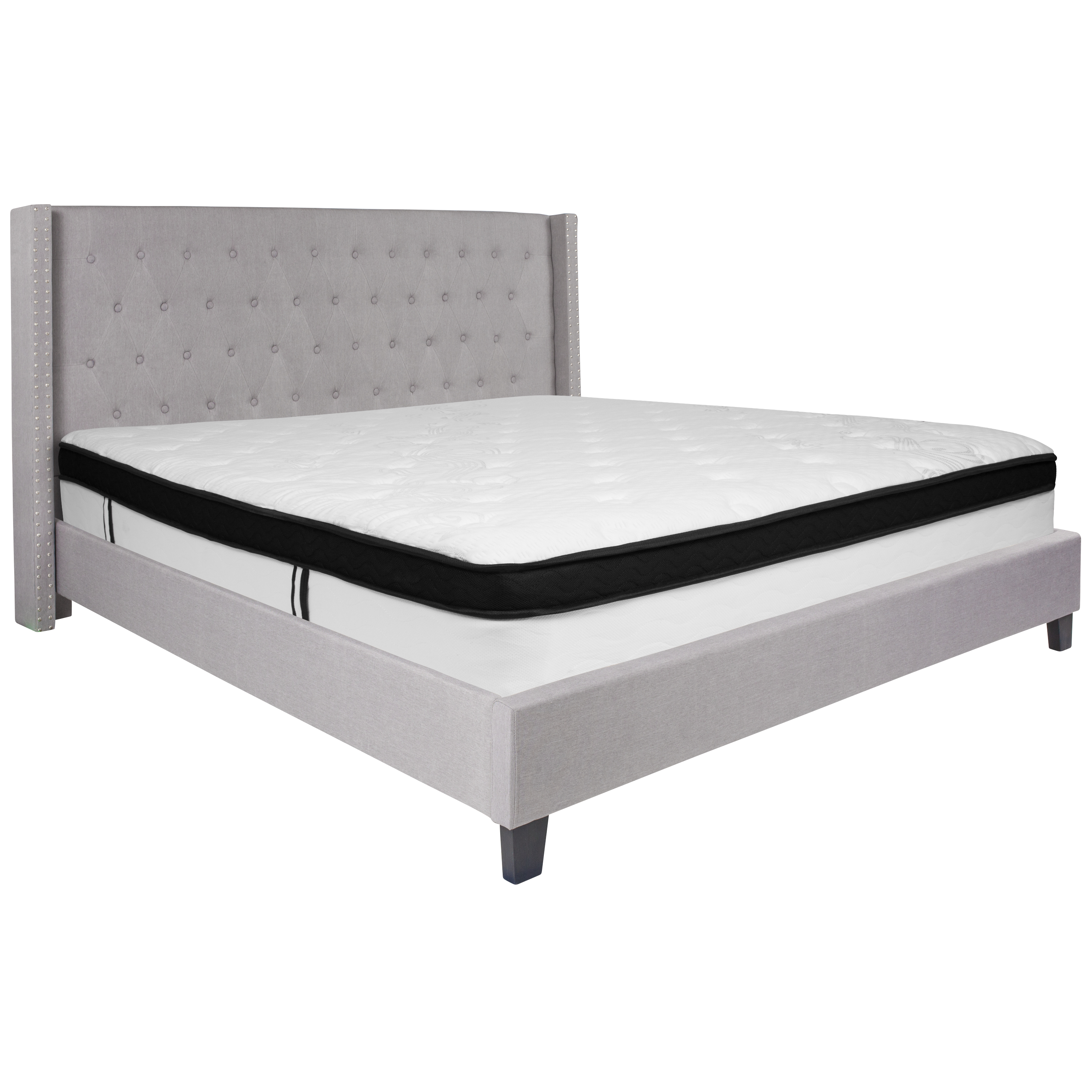 Flash Furniture HG-BMF-44-GG King Size Tufted Upholstered Platform Bed, Light Gray Fabric with Memory Foam Mattress