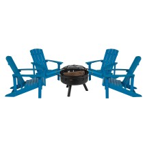 Flash Furniture JJ-C145014-32D-BLU-GG 5 Piece Blue Poly Resin Wood Adirondack Chair Set with Fire Pit