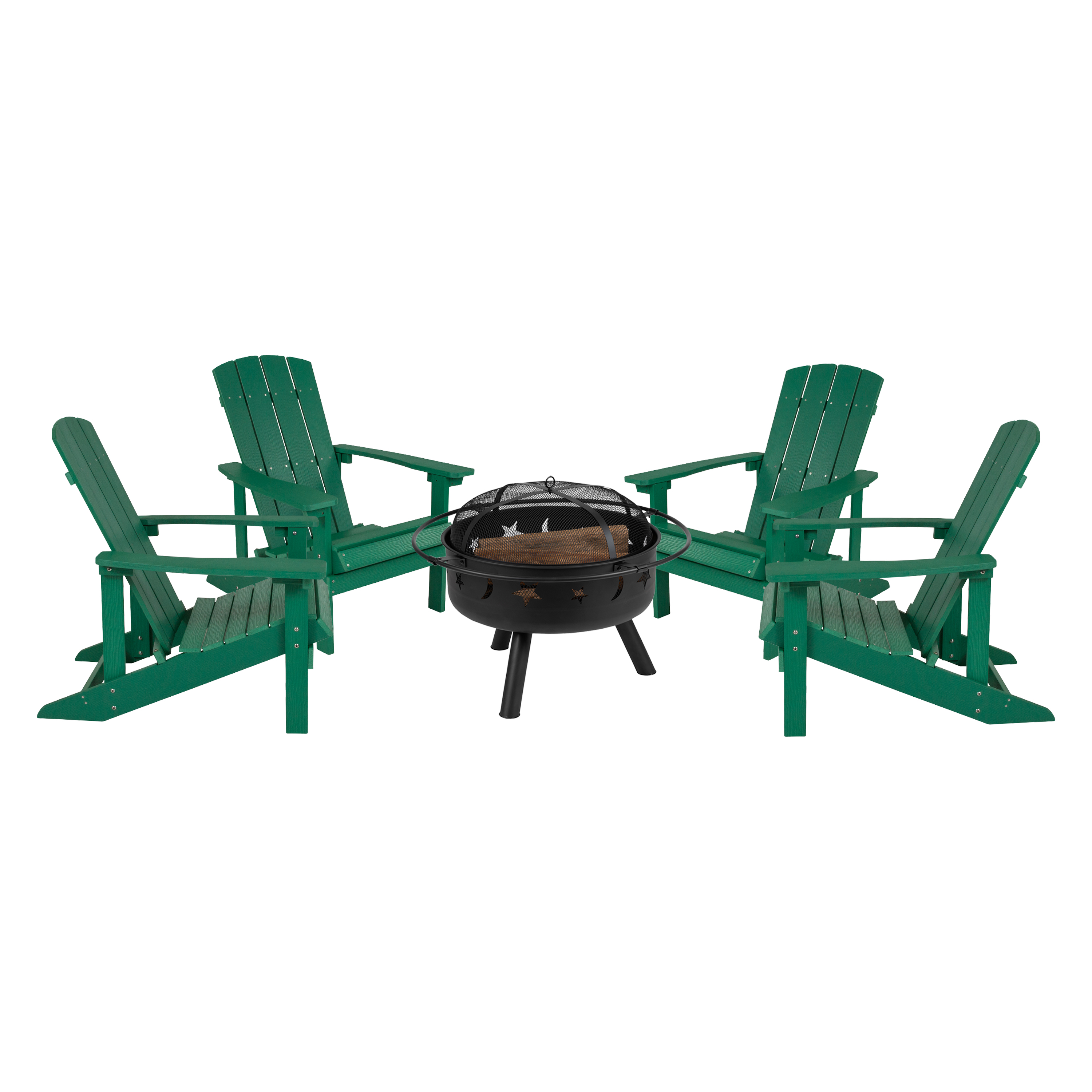 Flash Furniture JJ-C145014-32D-GRN-GG 5 Piece Green Poly Resin Wood Adirondack Chair Set with Fire Pit