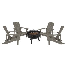 Flash Furniture JJ-C145014-32D-LTG-GG 5 Piece Gray Poly Resin Wood Adirondack Chair Set with Fire Pit