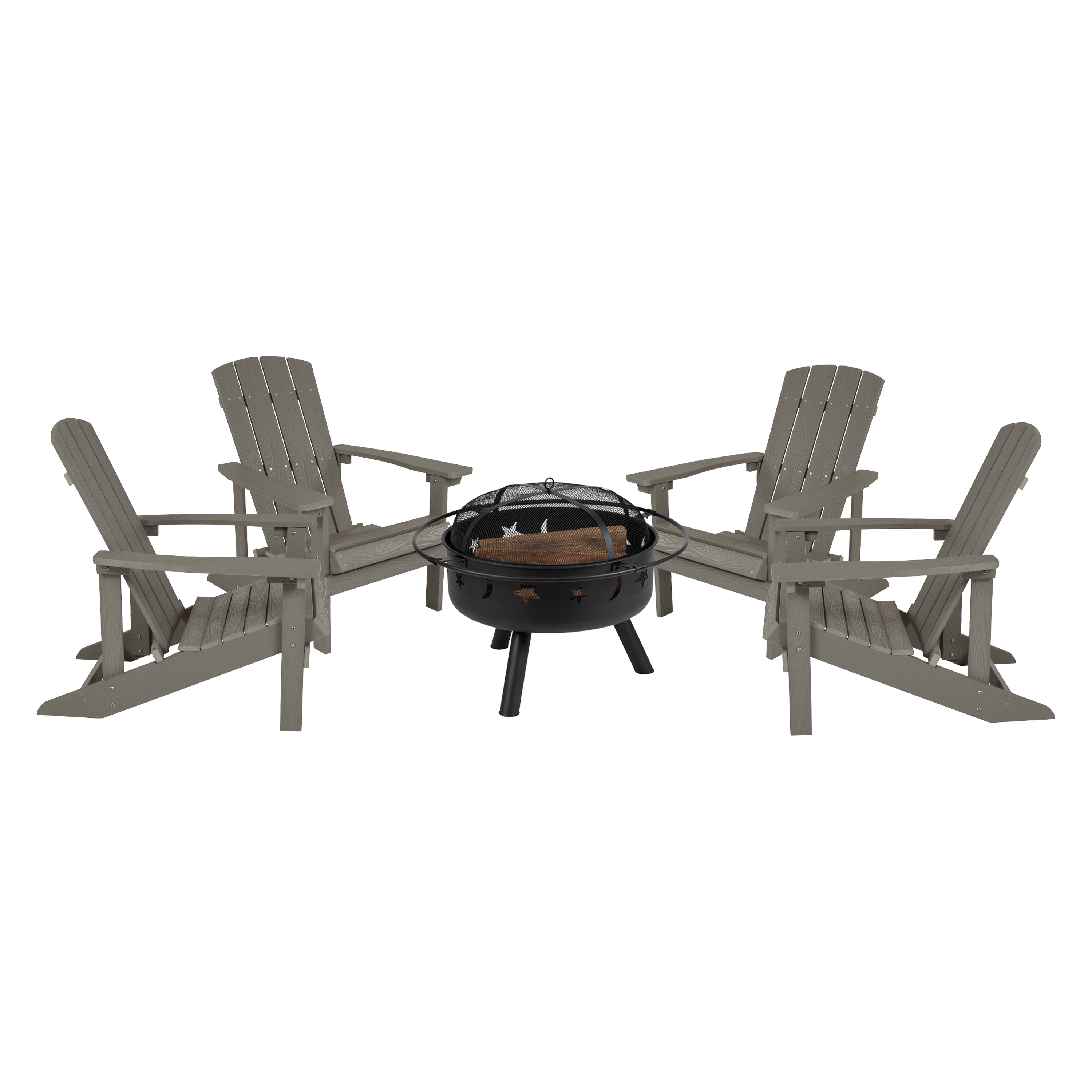 Flash Furniture JJ-C145014-32D-LTG-GG 5 Piece Gray Poly Resin Wood Adirondack Chair Set with Fire Pit