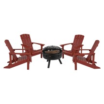 Flash Furniture JJ-C145014-32D-RED-GG 5 Piece Red Poly Resin Wood Adirondack Chair Set with Fire Pit