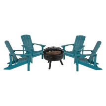 Flash Furniture JJ-C145014-32D-SFM-GG 5 Piece Sea Foam Poly Resin Wood Adirondack Chair Set with Fire Pit