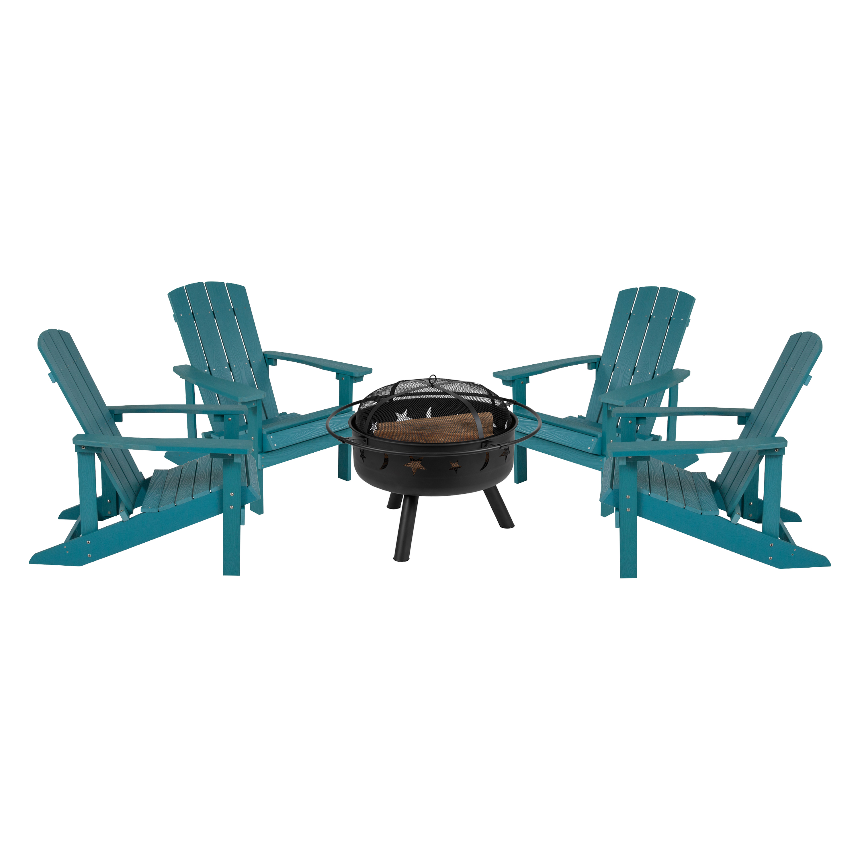 Flash Furniture JJ-C145014-32D-SFM-GG 5 Piece Sea Foam Poly Resin Wood Adirondack Chair Set with Fire Pit