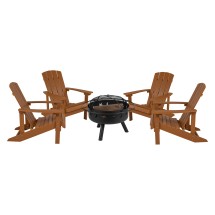 Flash Furniture JJ-C145014-32D-TEAK-GG 5 Piece Teak Poly Resin Wood Adirondack Chair Set with Fire Pit