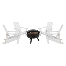 Flash Furniture JJ-C145014-32D-WH-GG 5 Piece White Poly Resin Wood Adirondack Chair Set with Fire Pit