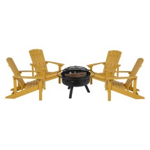 Flash Furniture JJ-C145014-32D-YLW-GG 5 Piece Yellow Poly Resin Wood Adirondack Chair Set with Fire Pit