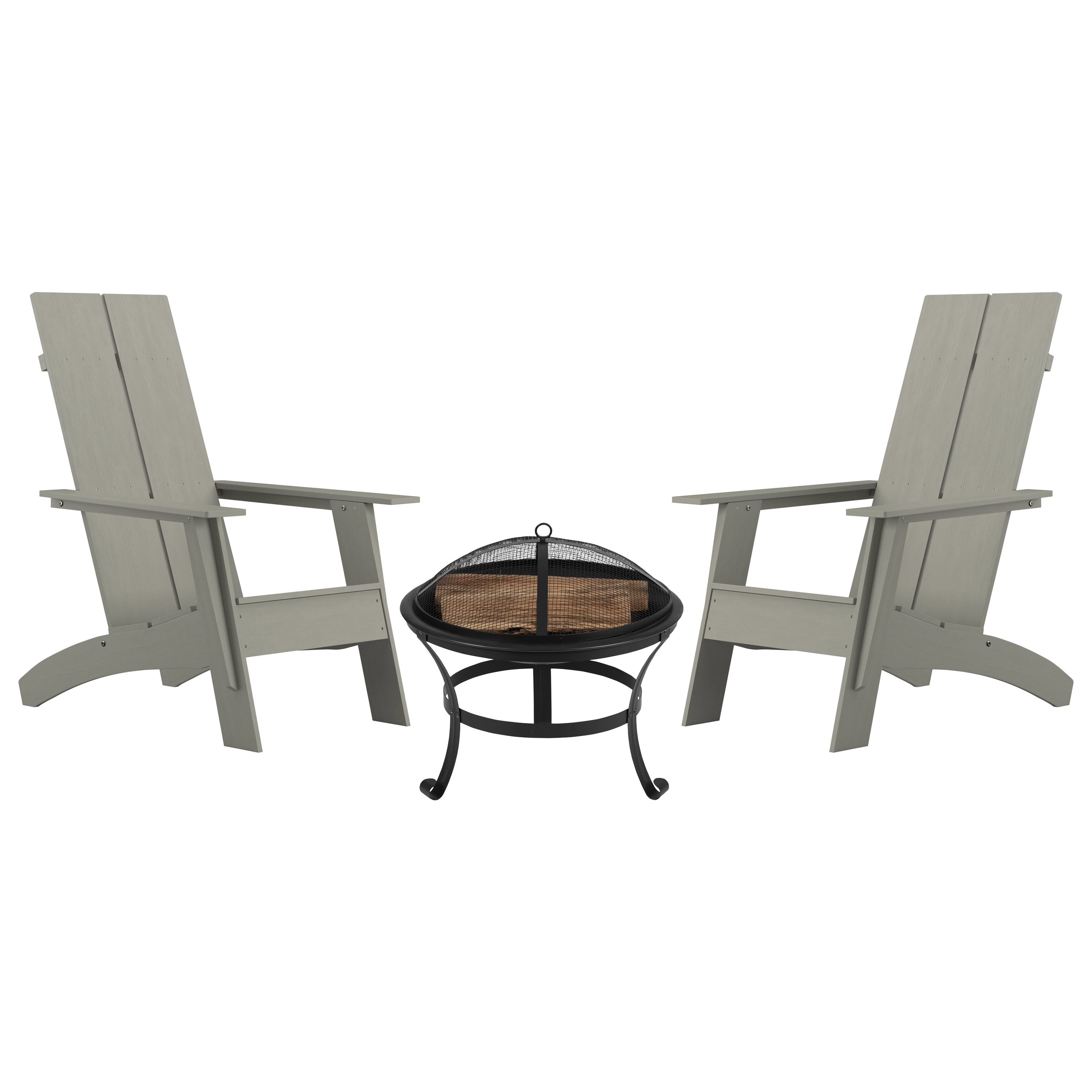 Flash Furniture JJ-C145092-202-GY-GG Gray Modern All-Weather 2-Slat Poly Resin Adirondack Chair with 22" Round Wood Burning Fire Pit, Set of 2