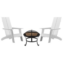 Flash Furniture JJ-C145092-202-WH-GG White Modern All-Weather 2-Slat Poly Resin Adirondack Chair with 22" Round Wood Burning Fire Pit, Set of 2