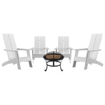 Flash Furniture JJ-C145094-202-WH-GG White Modern All-Weather 2-Slat Poly Resin Adirondack Chair with 22" Round Wood Burning Fire Pit, Set of 4 