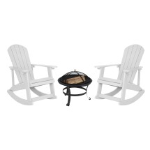 Flash Furniture JJ-C147052-202-WH-GG White All-Weather Poly Resin Wood Adirondack Rocking Chair with 22" Round Wood Burning Fire Pit