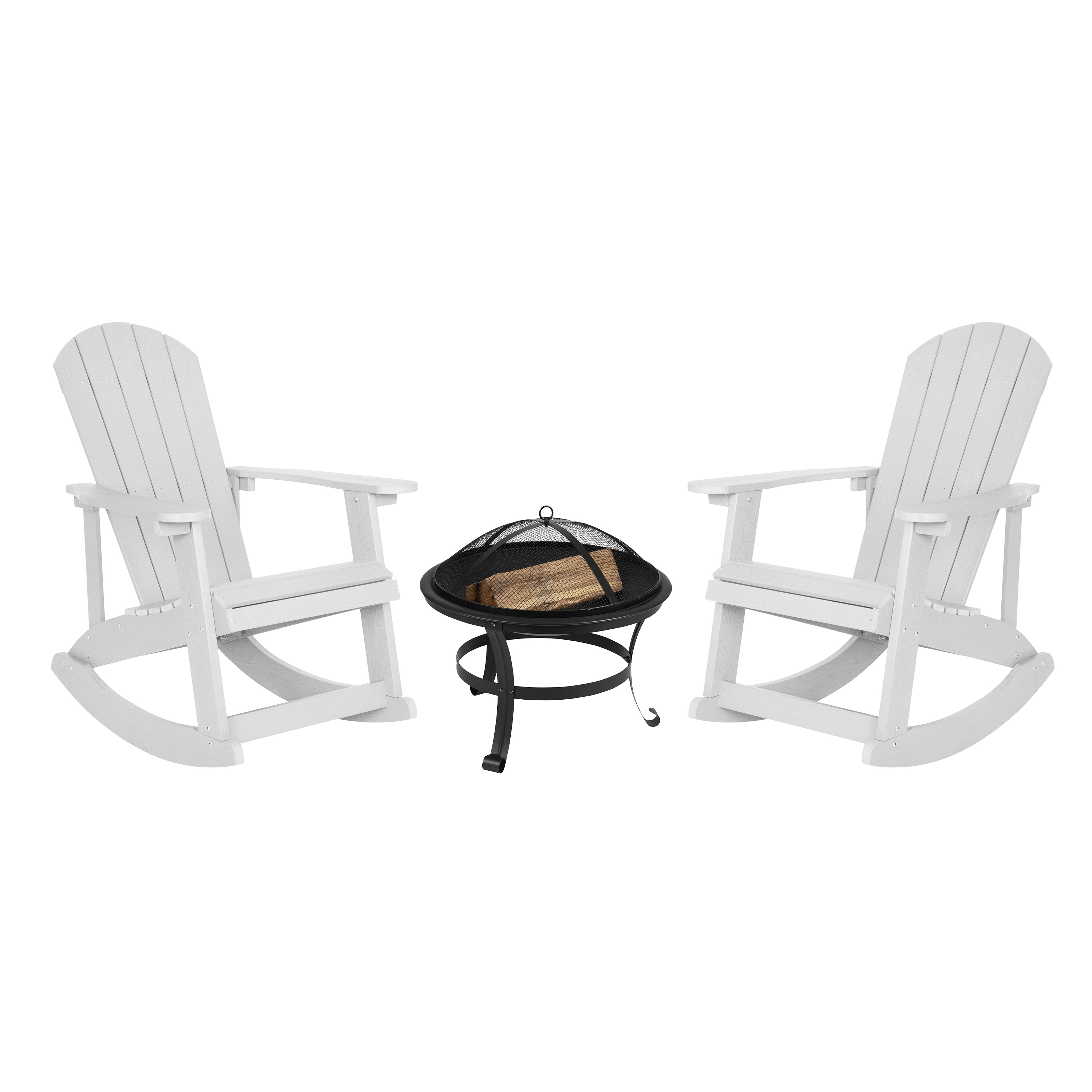 Flash Furniture JJ-C147052-202-WH-GG White All-Weather Poly Resin Wood Adirondack Rocking Chair with 22" Round Wood Burning Fire Pit