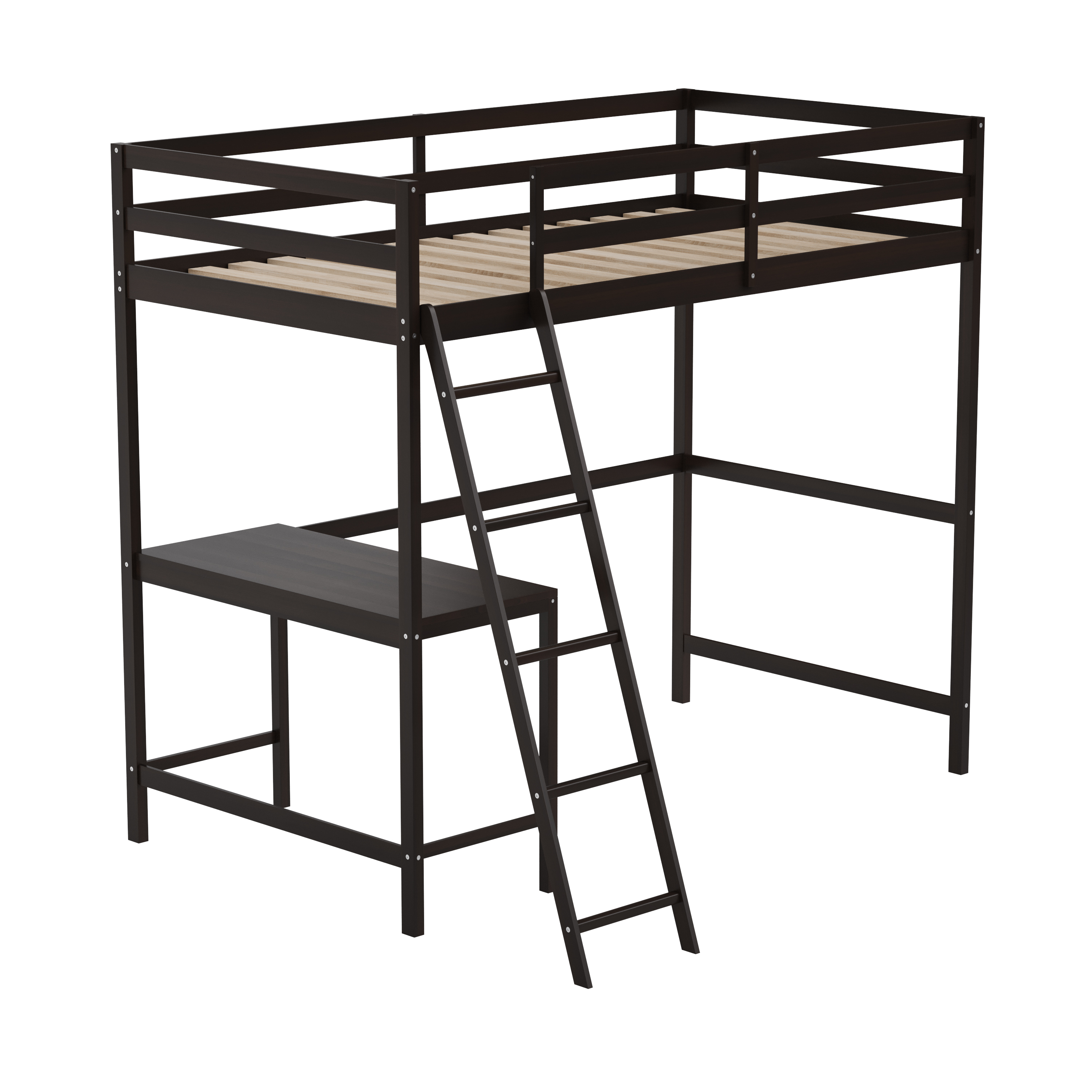 Flash Furniture MH-LBD5-ESP-T-GG Espresso Twin Size Loft Bed Frame with Desk, Guard Rails & Ladder