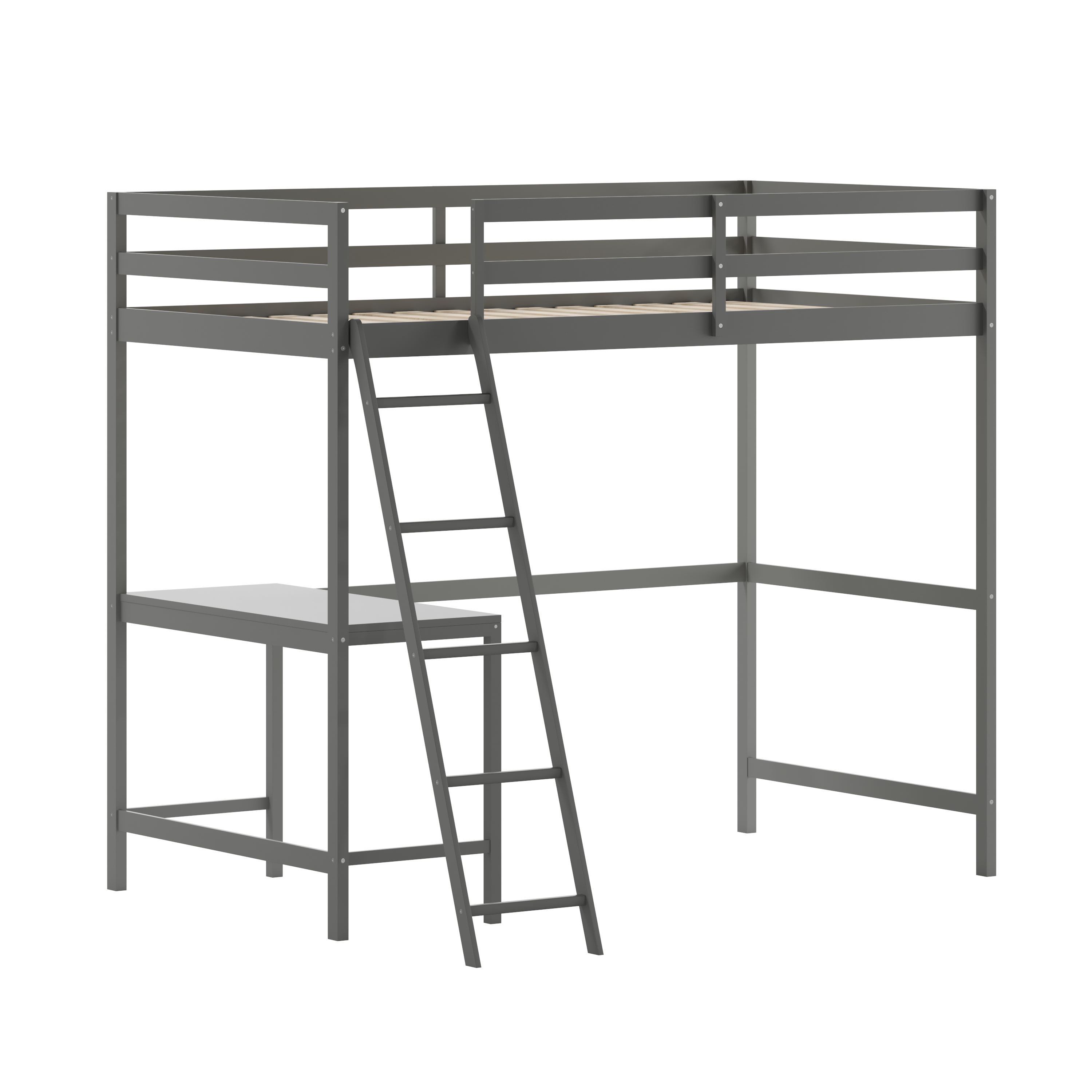 Flash Furniture MH-LBD5-LGY-T-GG Light Gray Twin Size Loft Bed Frame with Desk, Guard Rails & Ladder