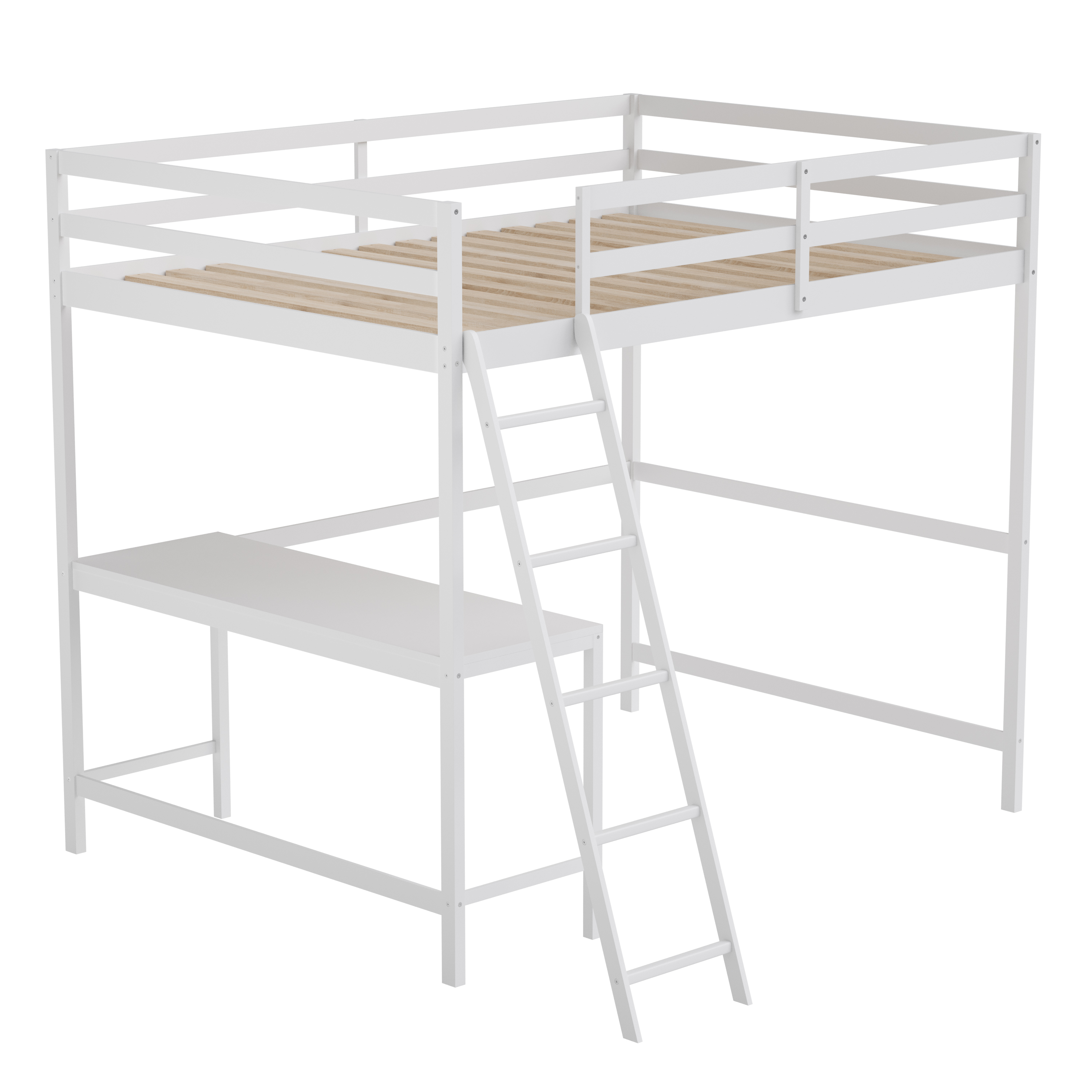 Flash Furniture MH-LBD5-WH-F-GG White Full Size Loft Bed Frame with Desk, Guard Rails & Ladder