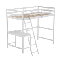 Flash Furniture MH-LBD5-WH-T-GG White Twin Size Loft Bed Frame with Desk, Guard Rails & Ladder