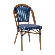 Flash Furniture SDA-AD642001-NVYWH-NAT-GG Indoor/Outdoor French Bistro Stacking Chair, Navy and White PE Rattan, Natural Finish