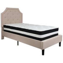 Flash Furniture SL-BM-1-GG Twin Size Tufted Upholstered Platform Bed, Beige Fabric with Pocket Spring Mattress