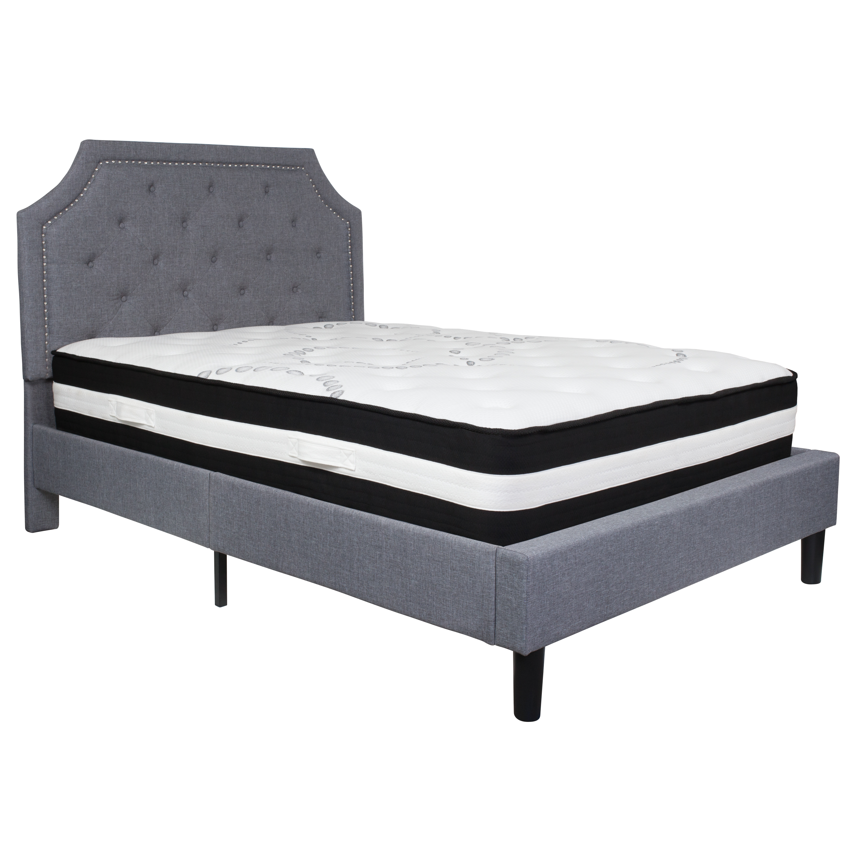 Flash Furniture SL-BM-10-GG Full Size Tufted Upholstered Platform Bed, Light Gray Fabric with Pocket Spring Mattress