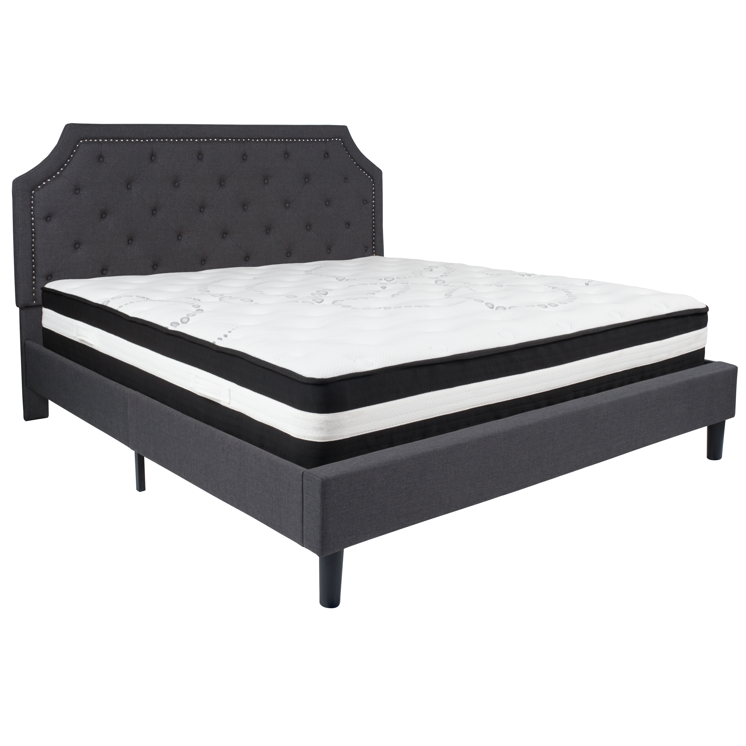 Flash Furniture SL-BM-16-GG King Size Tufted Upholstered Platform Bed, Dark Gray Fabric with Pocket Spring Mattress