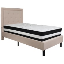 Flash Furniture SL-BM-17-GG Twin Size Tufted Upholstered Platform Bed, Beige Fabric with Pocket Spring Mattress