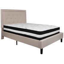 Flash Furniture SL-BM-18-GG Full Size Tufted Upholstered Platform Bed, Beige Fabric with Pocket Spring Mattress