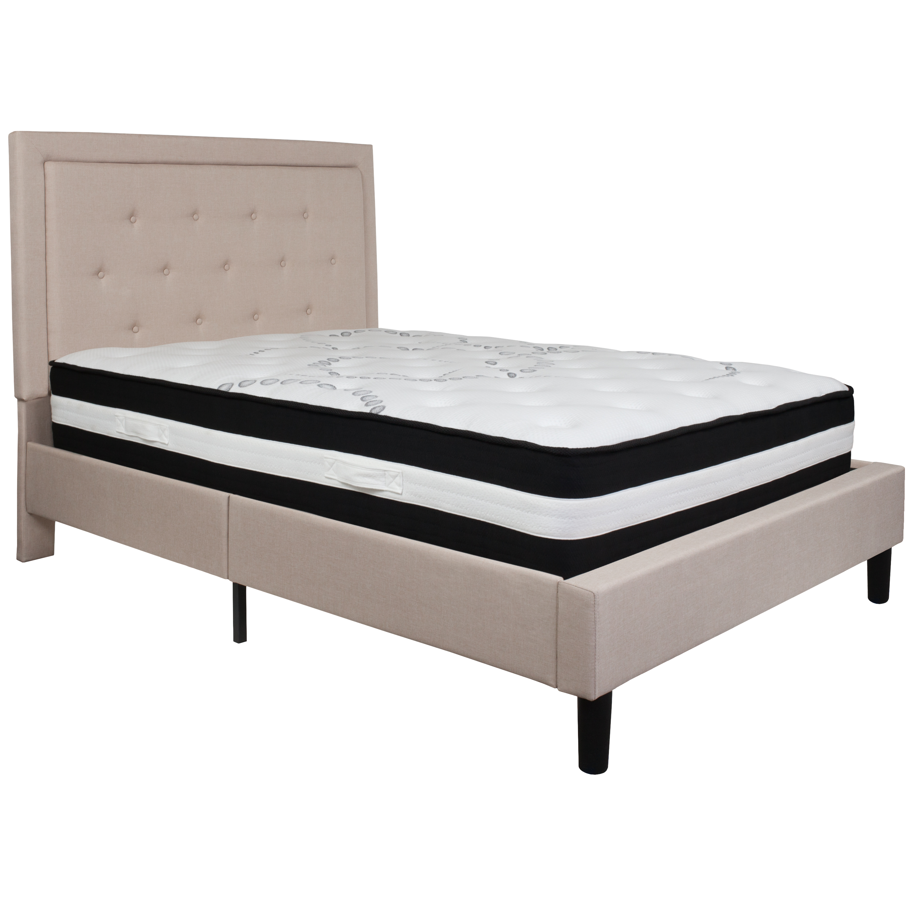 Flash Furniture SL-BM-18-GG Full Size Tufted Upholstered Platform Bed, Beige Fabric with Pocket Spring Mattress