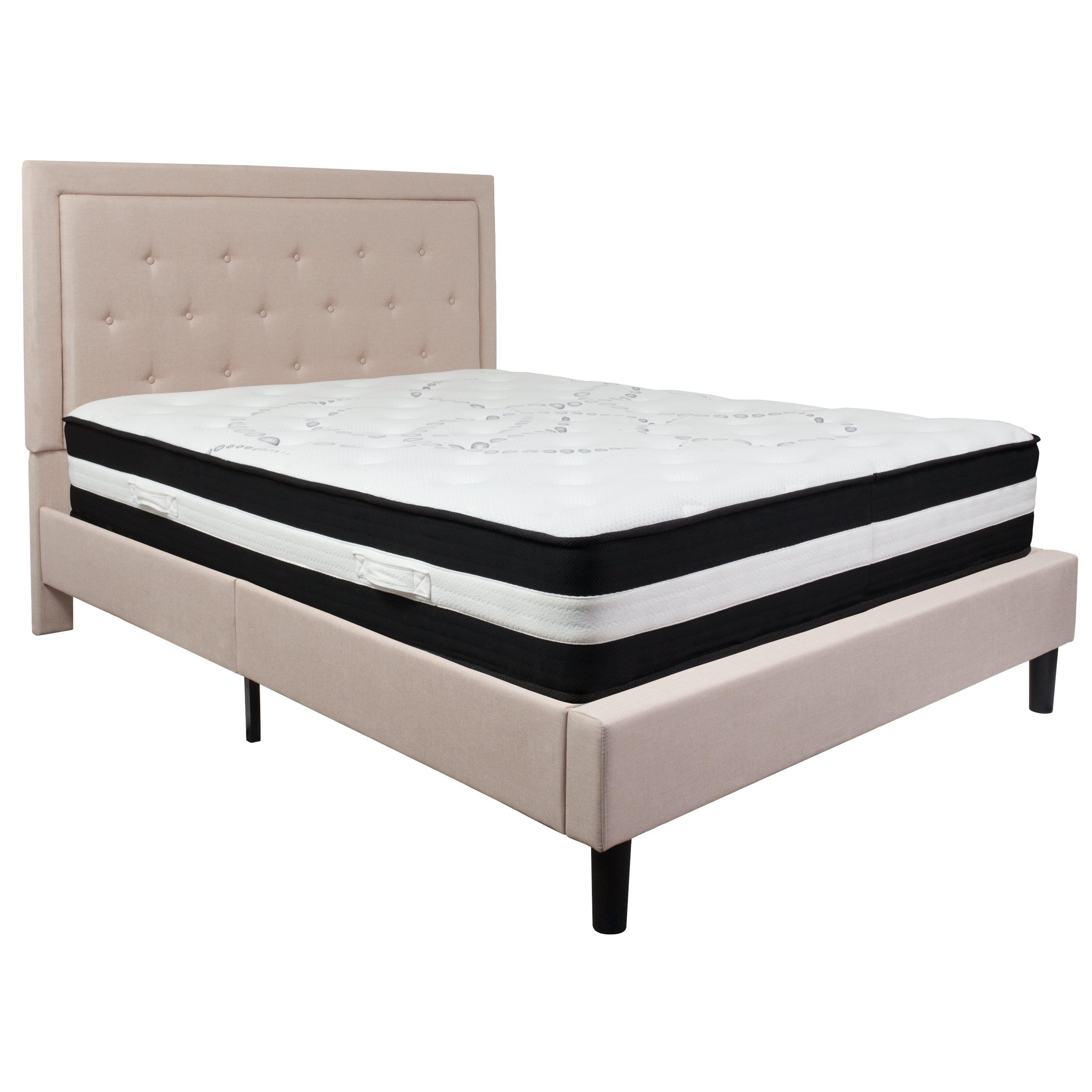 Flash Furniture SL-BM-19-GG Queen Size Tufted Upholstered Platform Bed, Beige Fabric with Pocket Spring Mattress