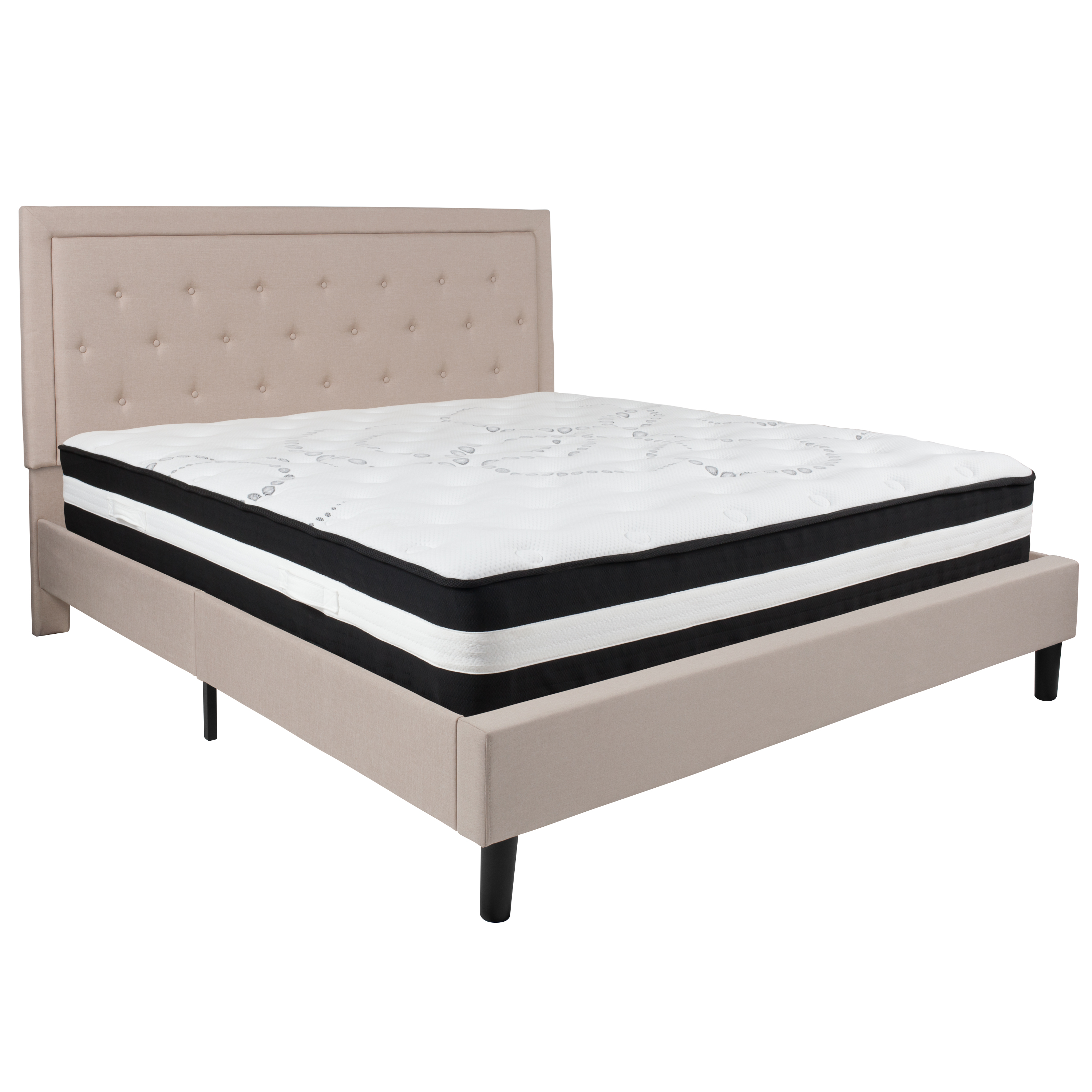 Flash Furniture SL-BM-20-GG King Size Tufted Upholstered Platform Bed, Beige Fabric with Pocket Spring Mattress