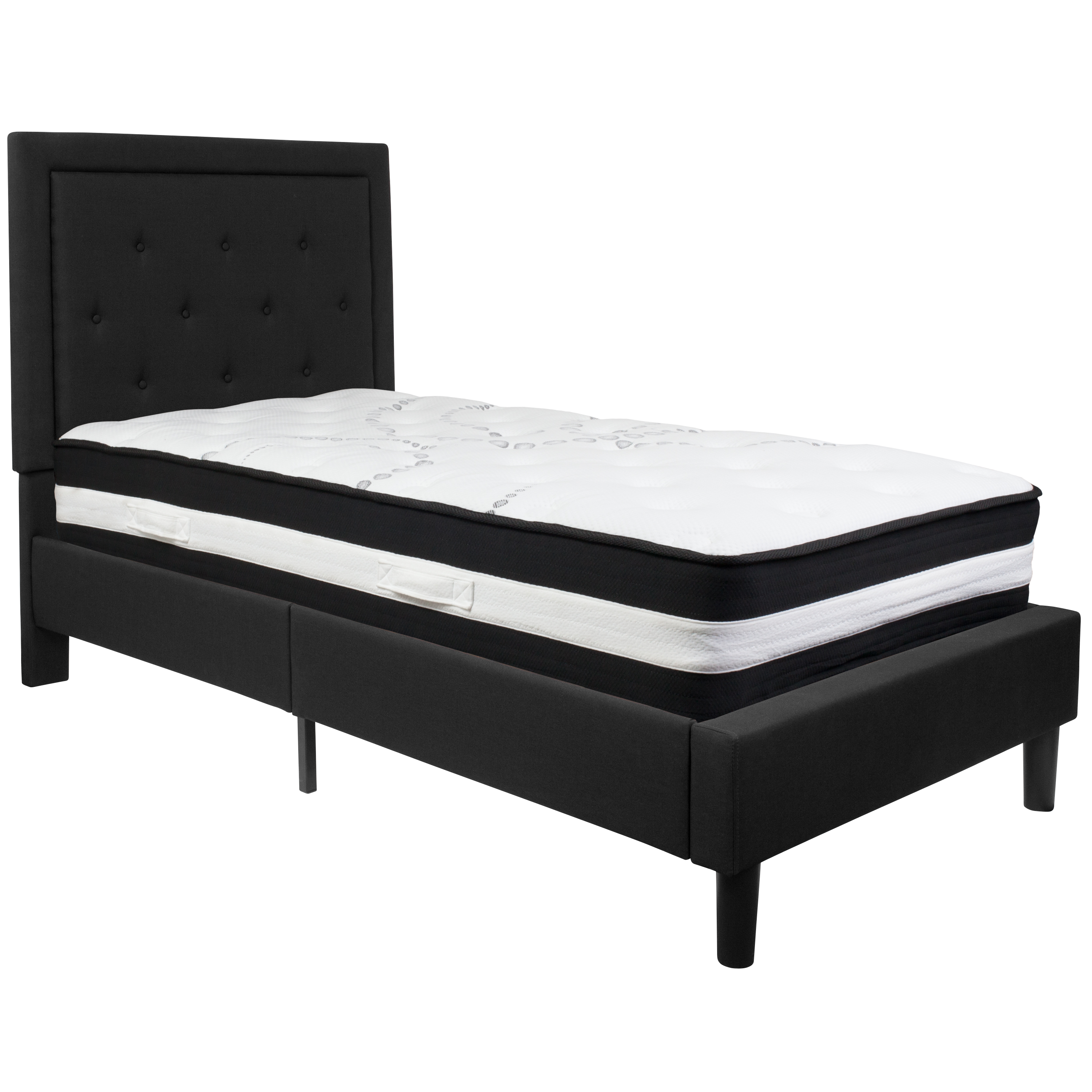 Flash Furniture SL-BM-21-GG Twin Size Tufted Upholstered Platform Bed, Black Fabric with Pocket Spring Mattress