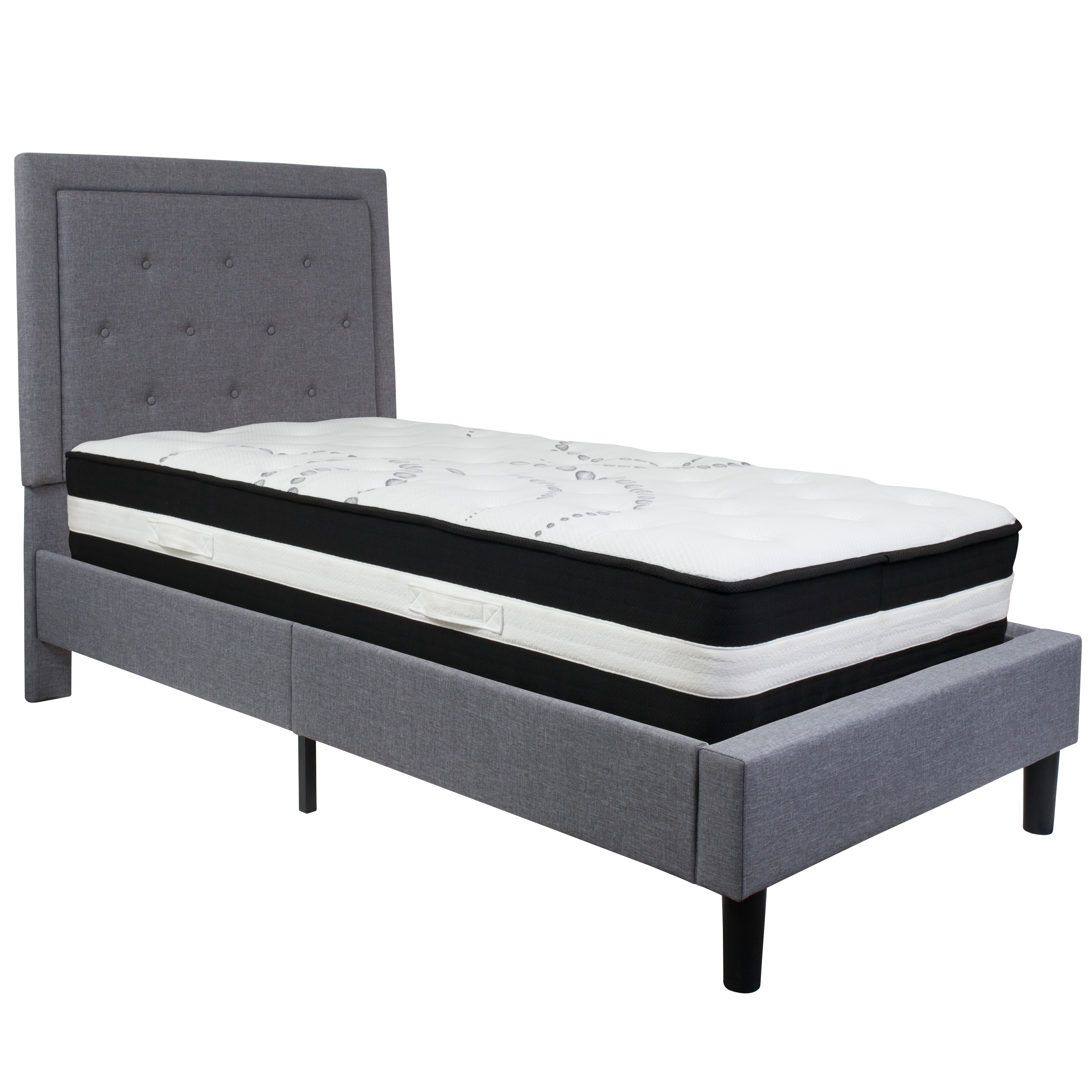 Flash Furniture SL-BM-25-GG Twin Size Tufted Upholstered Platform Bed, Light Gray Fabric with Pocket Spring Mattress