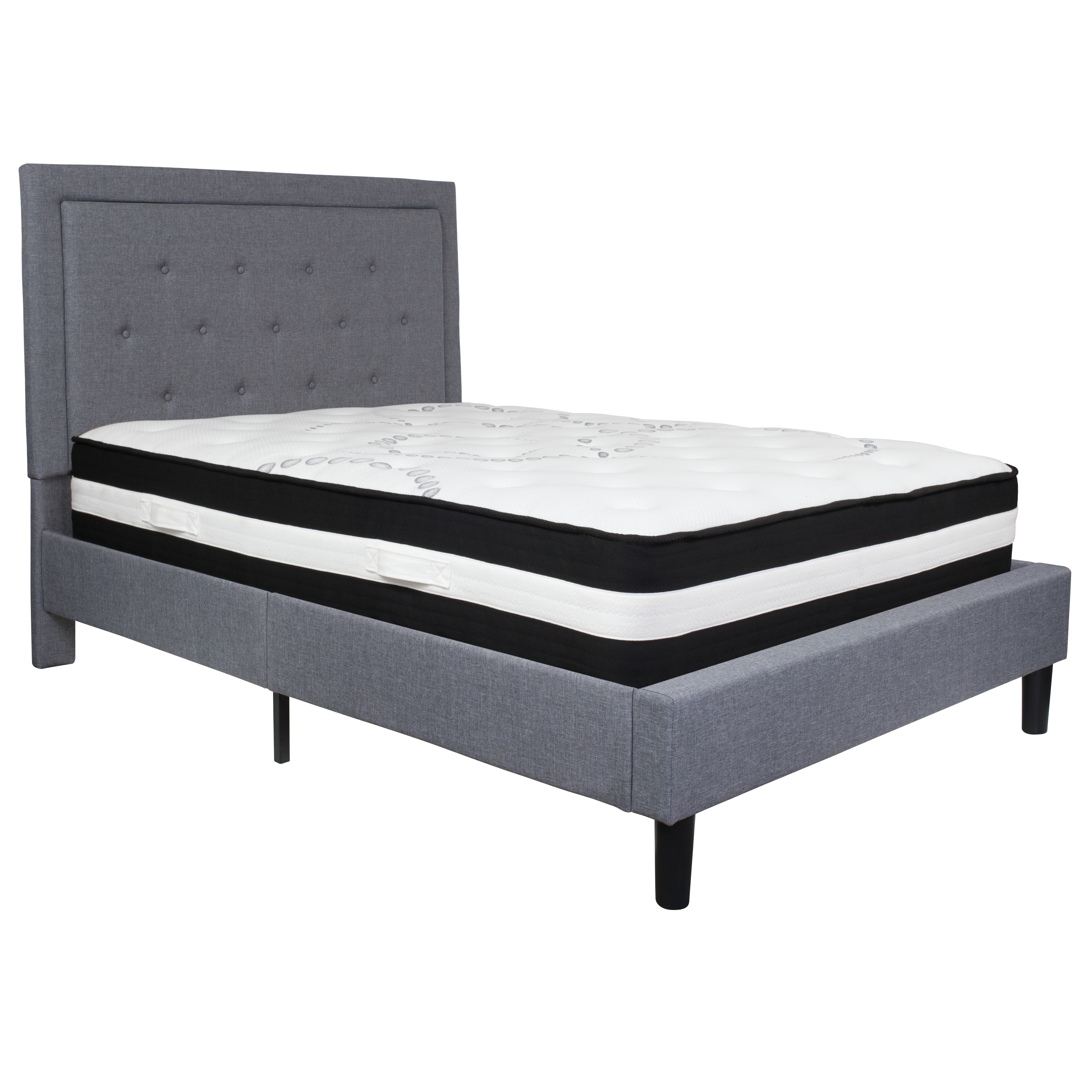 Flash Furniture SL-BM-26-GG Full Size Tufted Upholstered Platform Bed, Light Gray Fabric with Pocket Spring Mattress