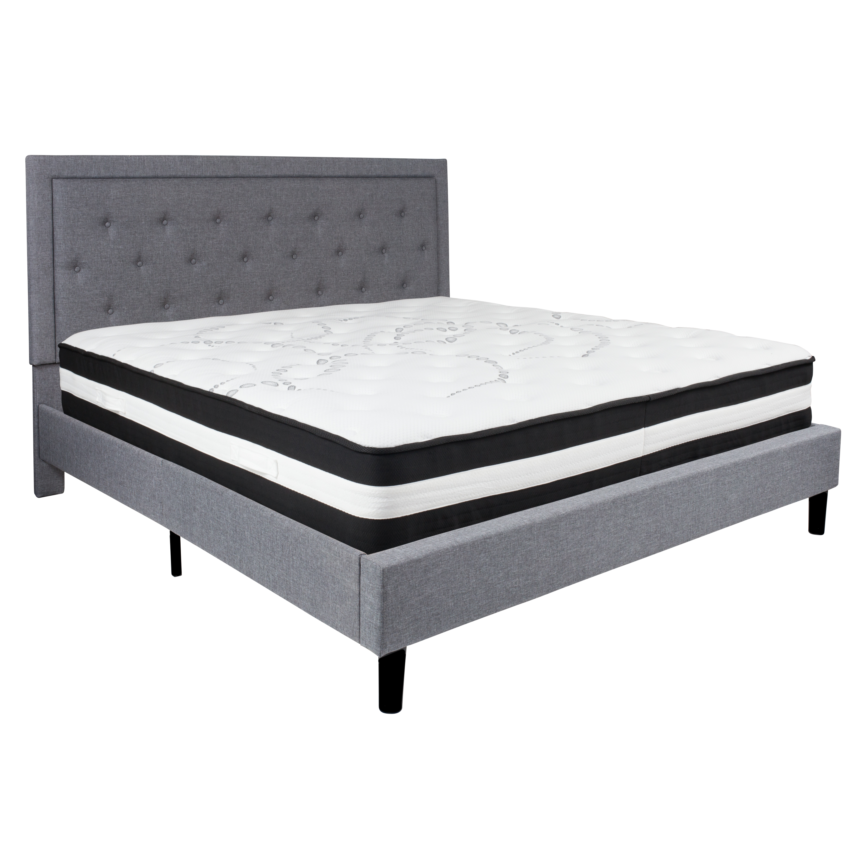 Flash Furniture SL-BM-28-GG King Size Tufted Upholstered Platform Bed, Light Gray Fabric with Pocket Spring Mattress