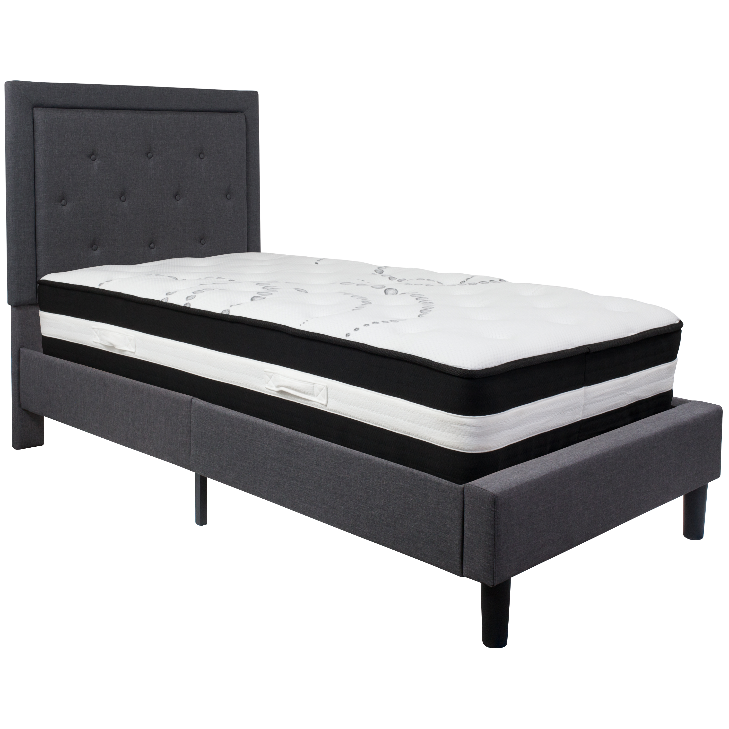 Flash Furniture SL-BM-29-GG Twin Size Tufted Upholstered Platform Bed, Dark Gray Fabric with Pocket Spring Mattress