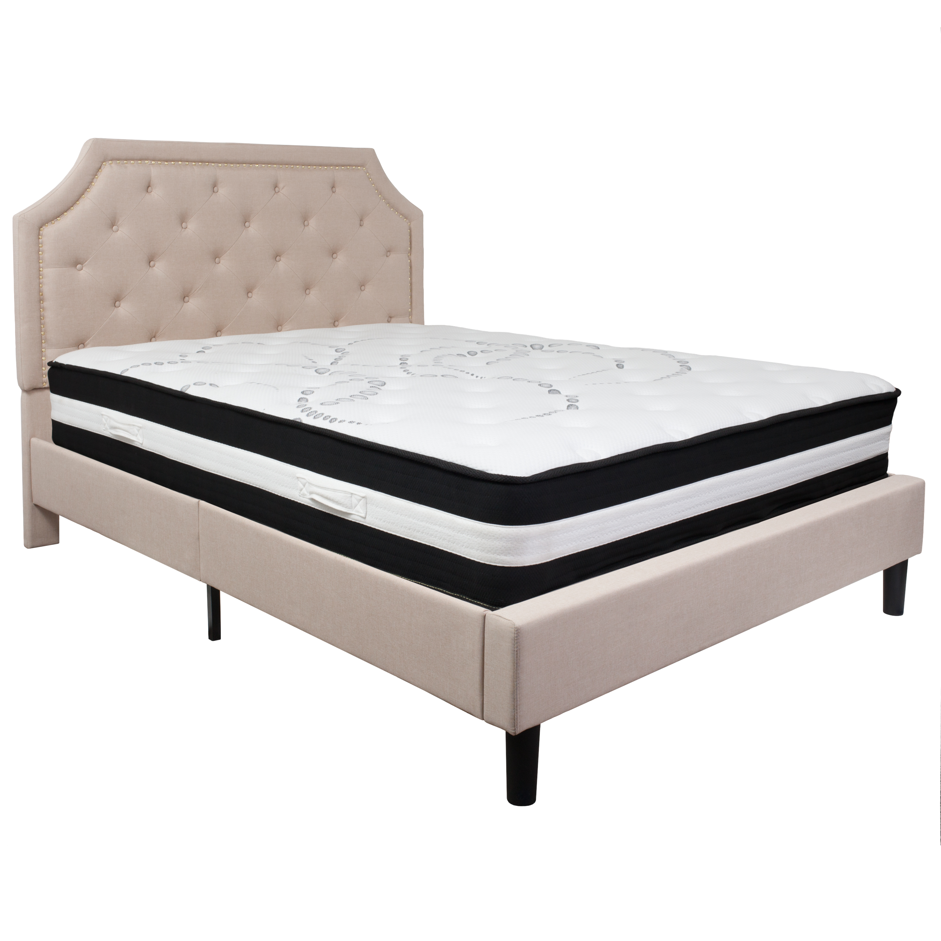 Flash Furniture SL-BM-3-GG Queen Size Tufted Upholstered Platform Bed, Beige Fabric with Pocket Spring Mattress