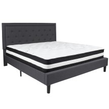 Flash Furniture SL-BM-32-GG King Size Tufted Upholstered Platform Bed, Dark Gray Fabric with Pocket Spring Mattress