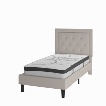 Flash Furniture SL-BM10-17-GG Twin Size Tufted Upholstered Platform Bed, Beige Fabric with 10&quot; Pocket Spring Mattress