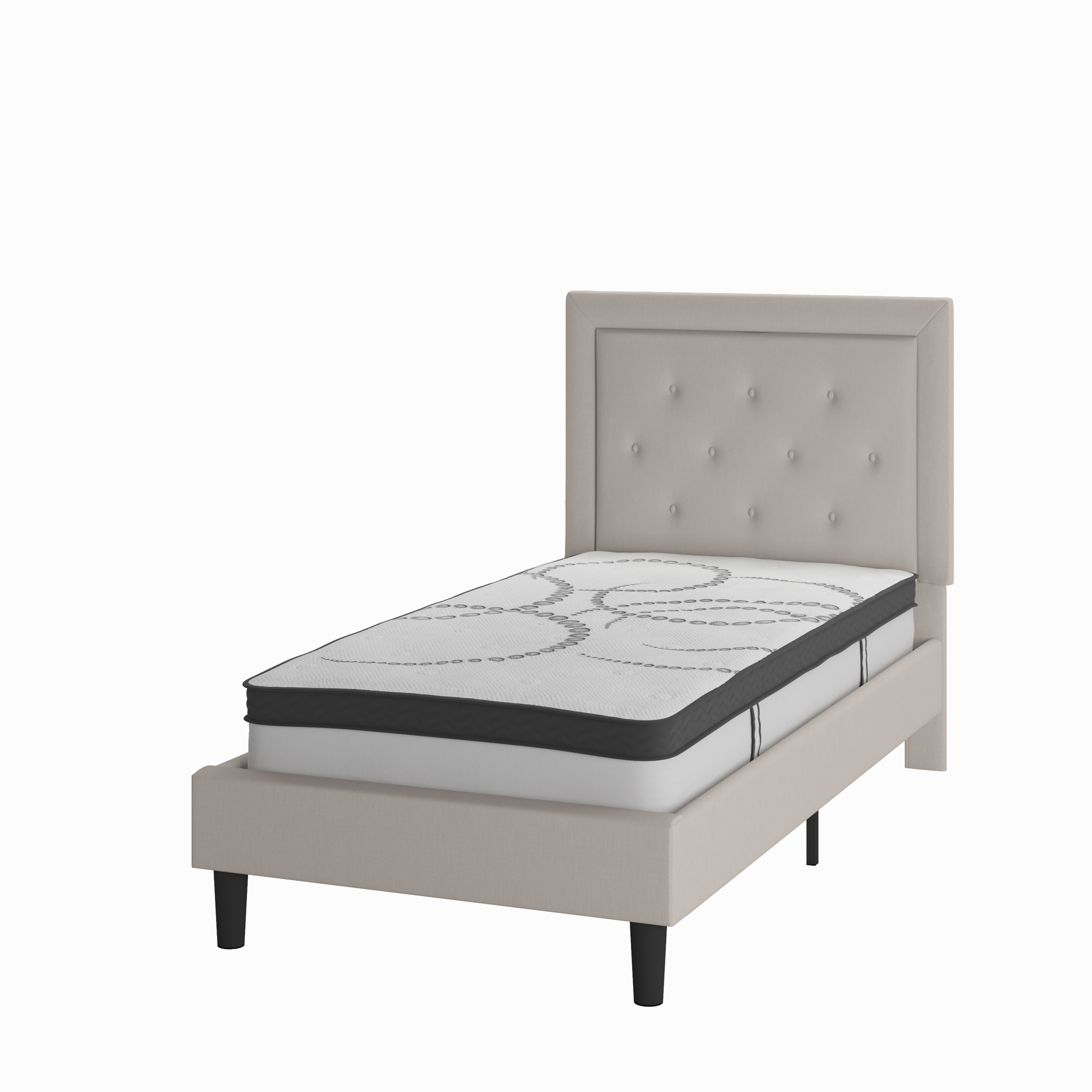 Flash Furniture SL-BM10-17-GG Twin Size Tufted Upholstered Platform Bed, Beige Fabric with 10" Pocket Spring Mattress