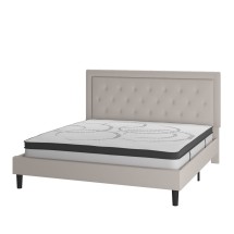 Flash Furniture SL-BM10-20-GG King Size Tufted Upholstered Platform Bed, Beige Fabric with 10&quot; Pocket Spring Mattress