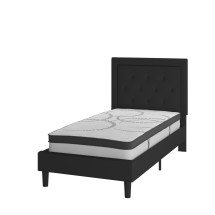 Flash Furniture SL-BM10-21-GG Twin Size Tufted Upholstered Platform Bed, Black Fabric with 10&quot; Pocket Spring Mattress