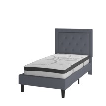 Flash Furniture SL-BM10-25-GG Twin Size Tufted Upholstered Platform Bed, Light Gray Fabric with 10" Pocket Spring Mattress