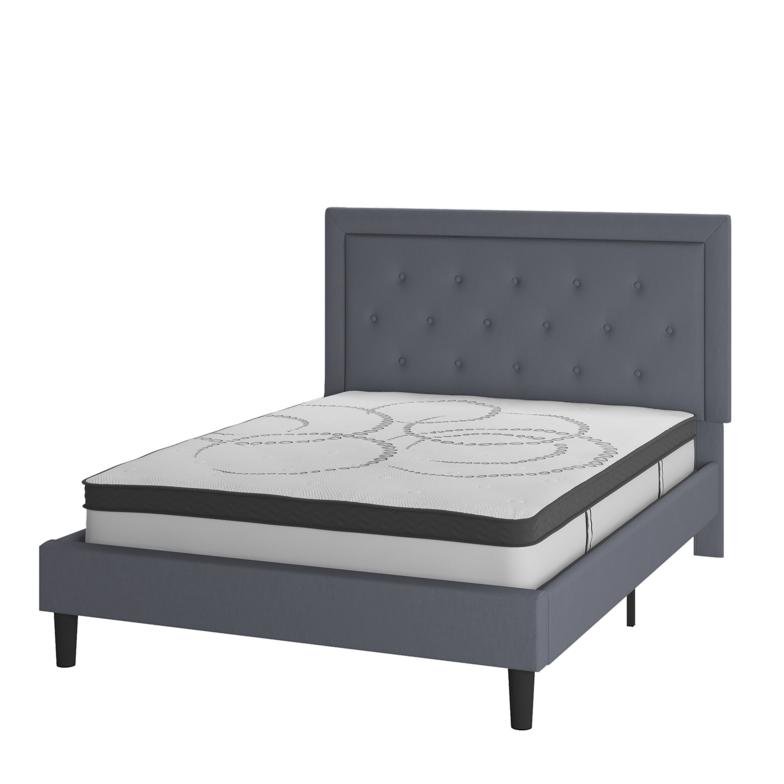 Flash Furniture SL-BM10-27-GG Queen Size Tufted Upholstered Platform Bed, Light Gray Fabric with 10" Pocket Spring Mattress