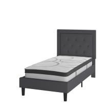 Flash Furniture SL-BM10-29-GG Twin Size Tufted Upholstered Platform Bed, Dark Gray Fabric with 10&quot; Pocket Spring Mattress