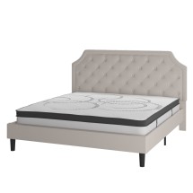 Flash Furniture SL-BM10-4-GG King Size Tufted Upholstered Platform Bed, Beige Fabric with 10&quot; Pocket Spring Mattress